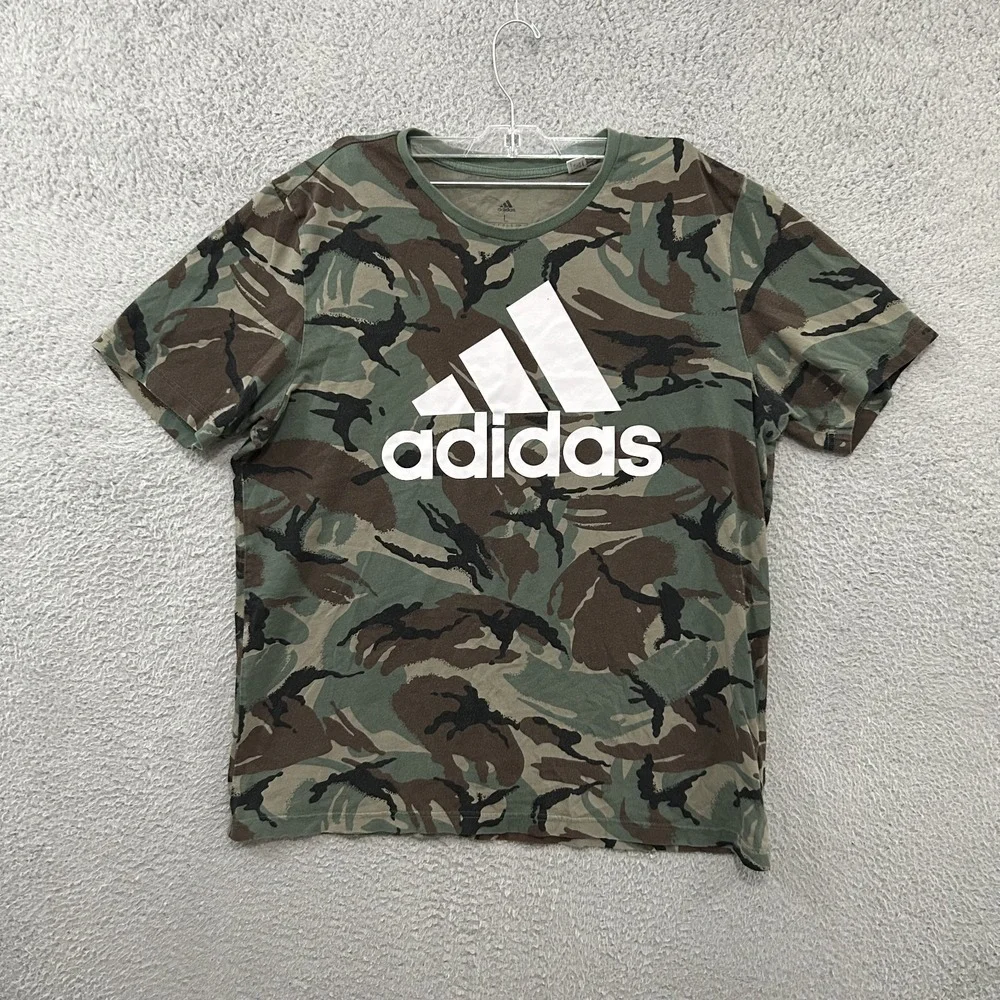 Adidas Shirt Mens Large Green Camo Sleeve Crew Neck Graphic Cotton Tee Adult